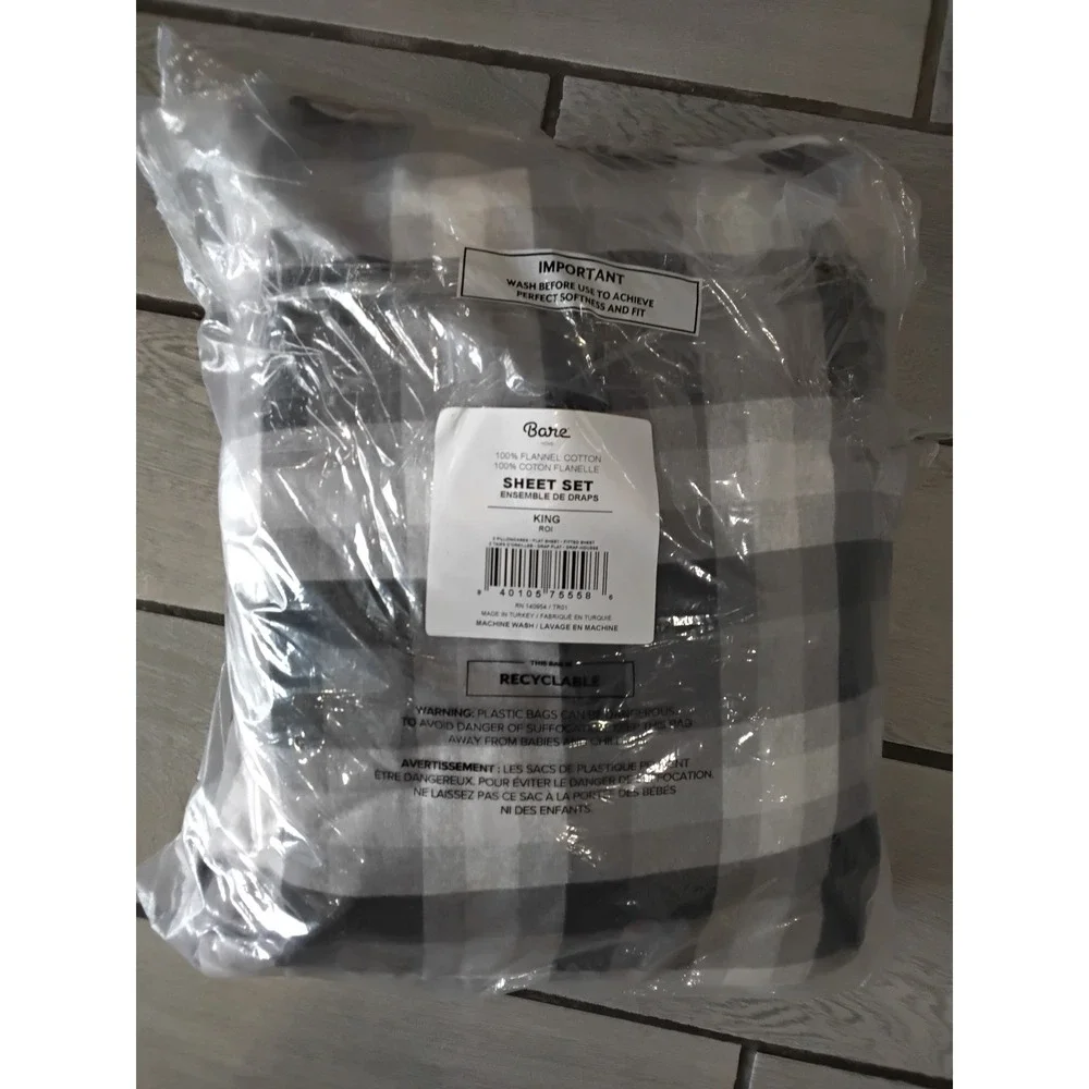 Bare Home King Sheet Set 100% Flannel Cotton Grey White Buffalo Plaid 4 Piece